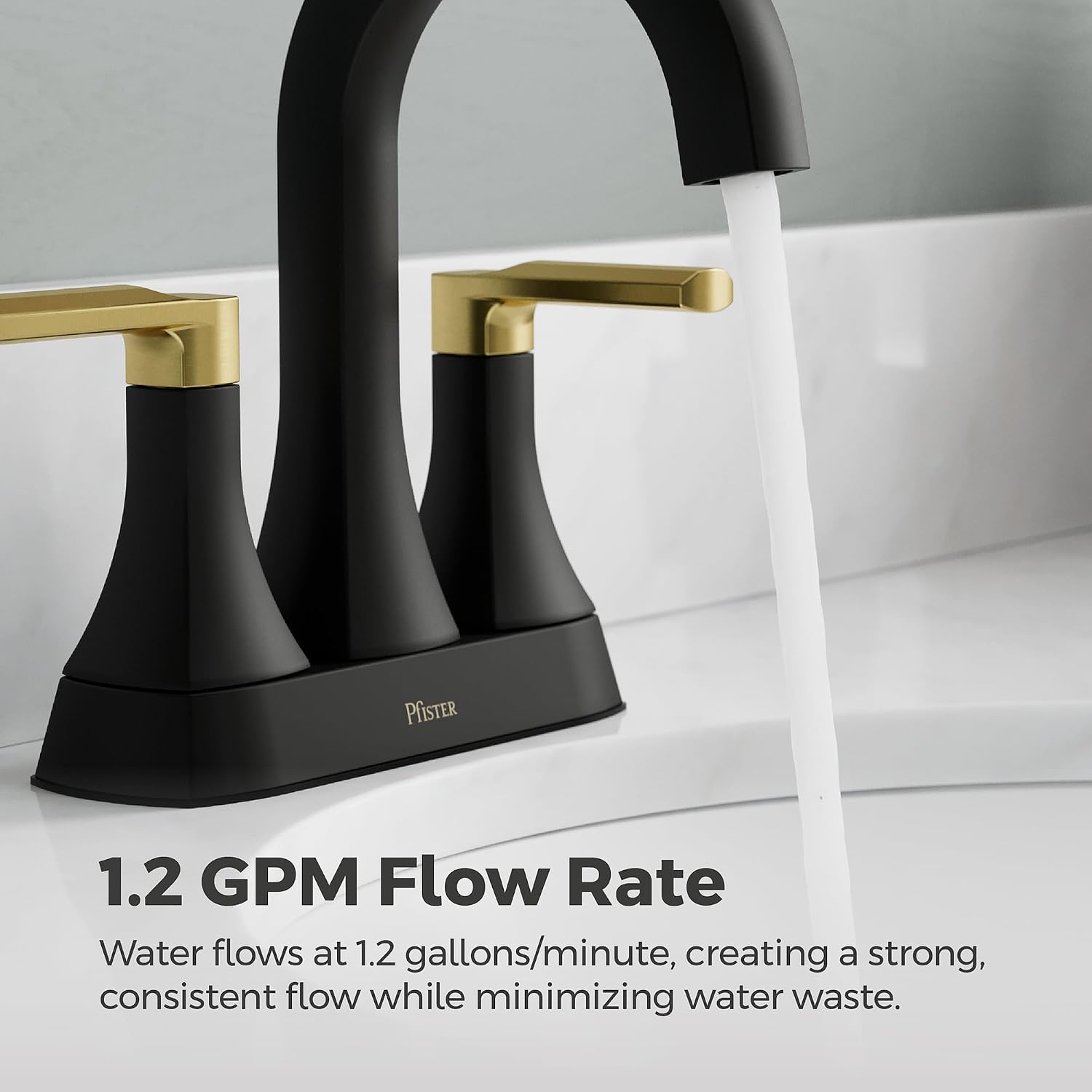 Pfister Vaneri Bathroom Sink Faucet 4 inch Centerset 2 Handle 3 Hole Matte Black and Brushed Gold Finish NSF Certified Water Efficient Push Seal Drain LF048VRIBBG