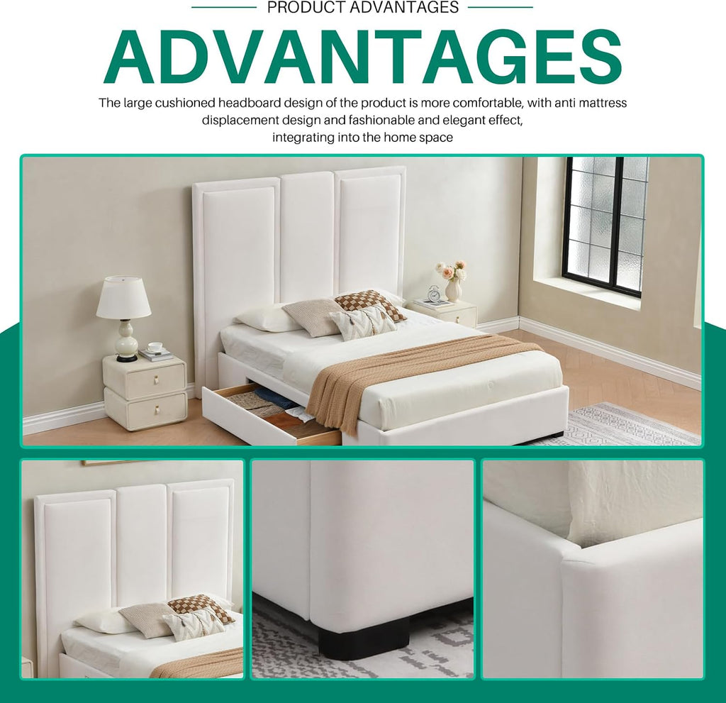 YUHUASHI Queen Size Bed Frame with 64-inch High Headboard, Simple and Airy Linen Upholstered Platform Bed with Storage Drawers, Wood Slat, No Noise (White, Queen (U.S. Standard))