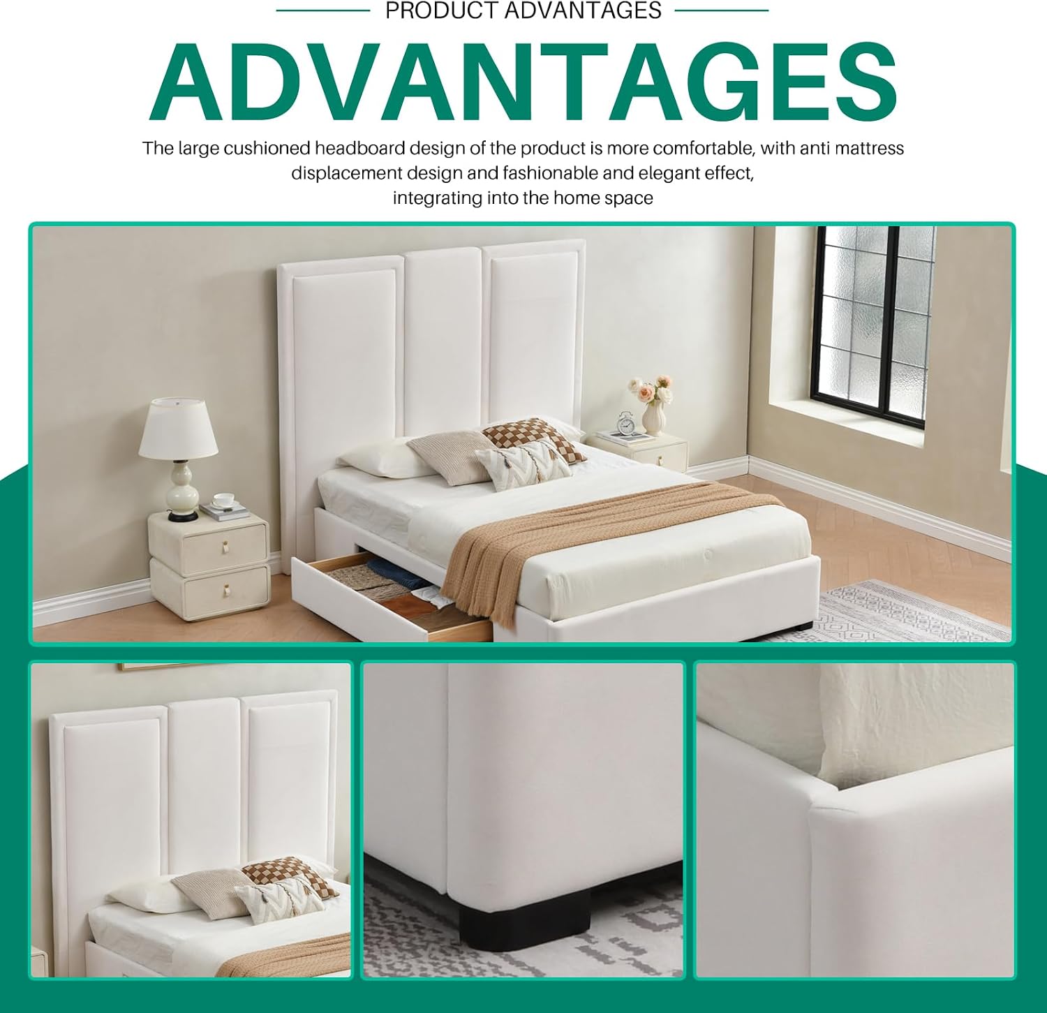 YUHUASHI Queen Size Bed Frame with 64-inch High Headboard, Simple and Airy Linen Upholstered Platform Bed with Storage Drawers, Wood Slat, No Noise (White, Queen (U.S. Standard))