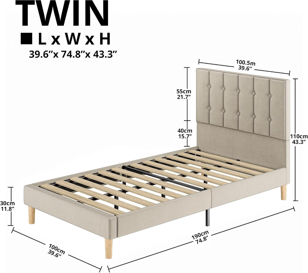 LIKIMIO Twin Bed Frames, Velvet Upholstered Platform Bed Frame with Headboard and Strong Wooden Slats, No Box Spring Needed/Noise-Free/Easy Assembly, Beige