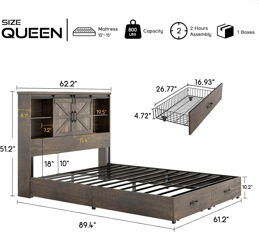 HOWE Farmhouse Queen Size Bed Frame with 51.2' Bookcase Headboard, Wooden Platform Bed with 2 Drawers, Sliding Barn Door Dec, Storage Bed with Charging Station, No Box Spring Needed, Brown