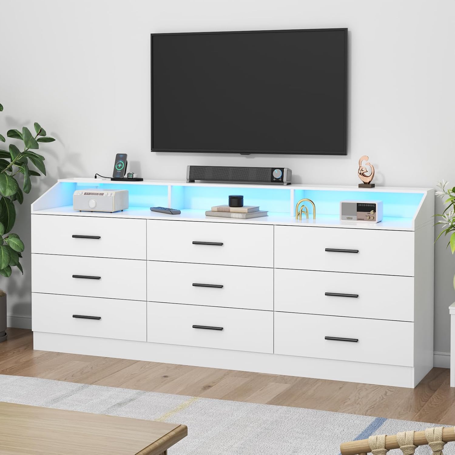 Gyfimoie 9 Drawers Dresser for Bedroom with Power Outlet, Chest of Drawers with LED Light, Modern Dressers with Open Storage Cubby, Triple Wide Dressers Organizer for Living Room (White)