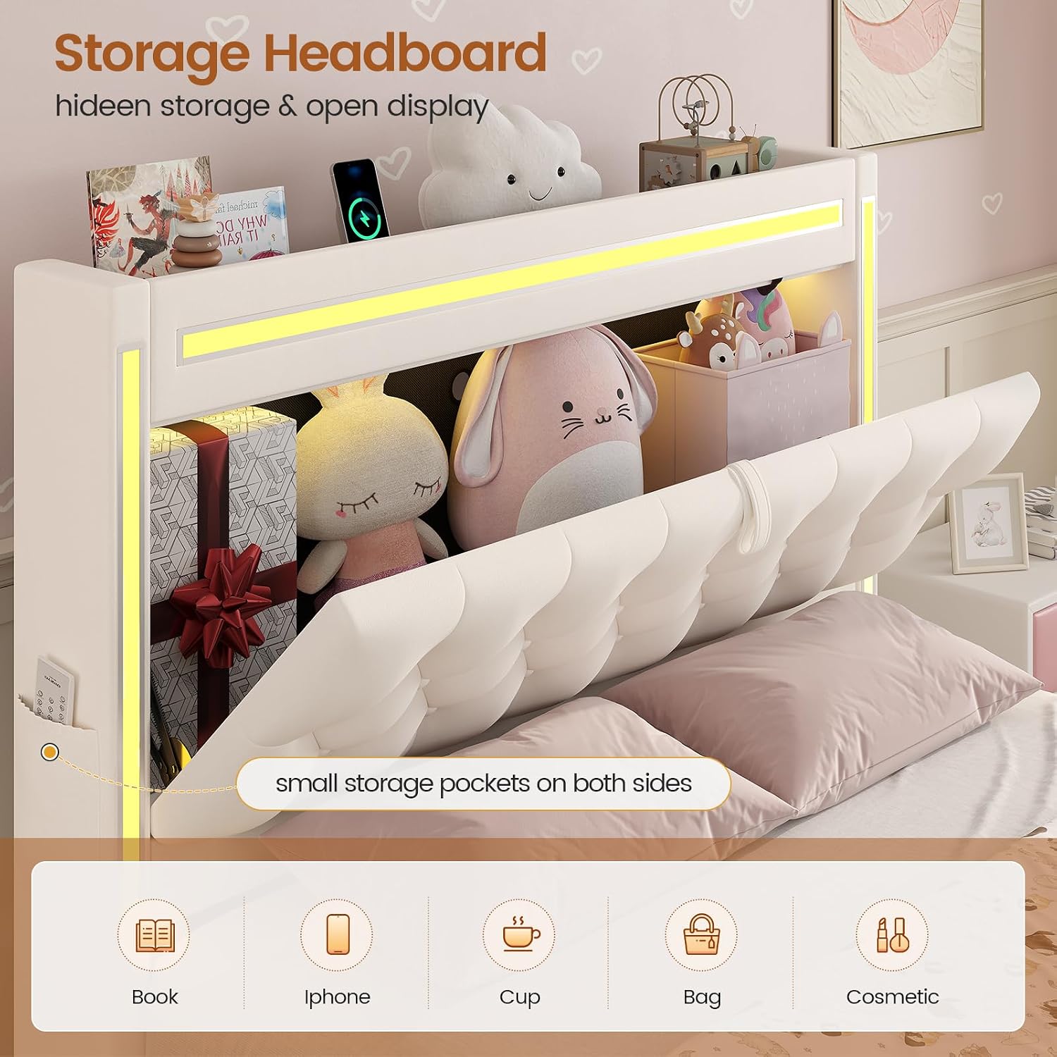 BTHFST Twin Upholstered LED Bed Frame with 3 Drawers, Velvet Hidden Storage Headboard with Charging Station, Button Tufted Headboard Princess Girl Twin Bed, No Box Spring Needed, Beige
