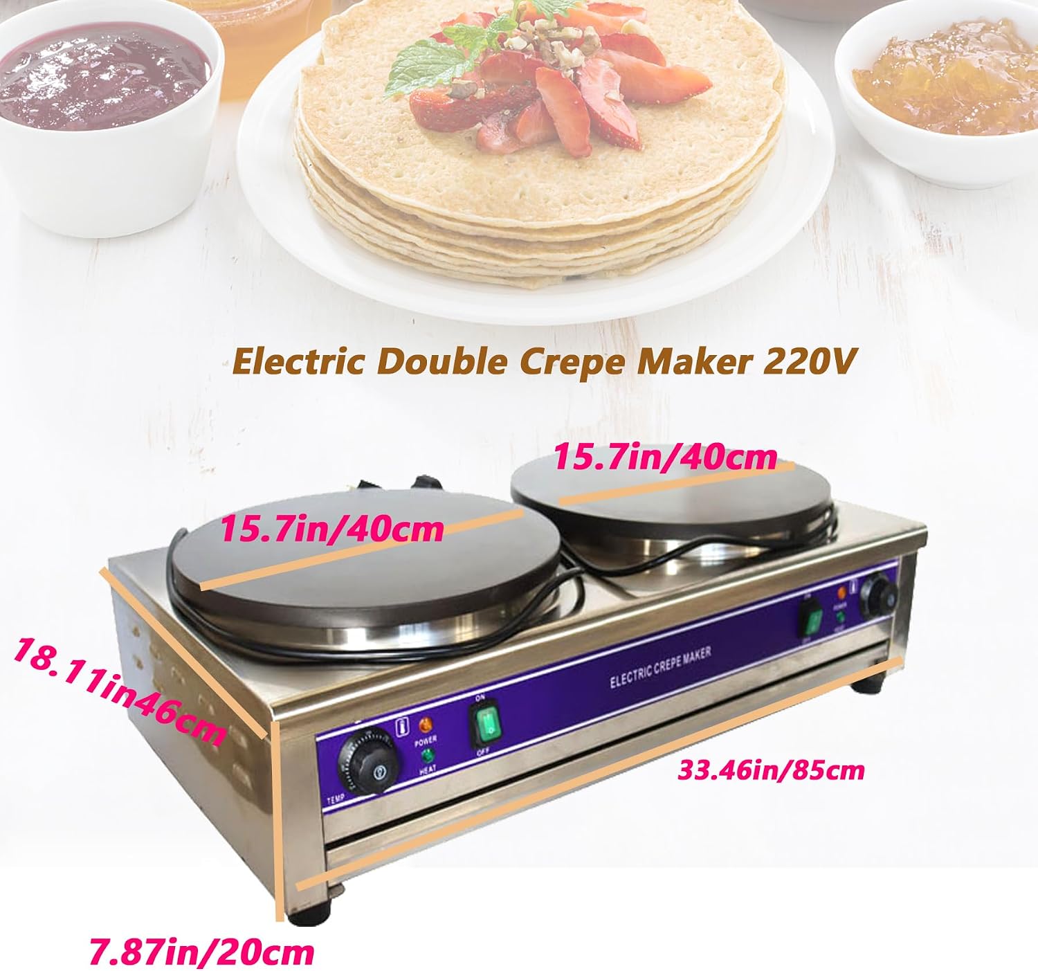 TECHTONGDA 15.7in Electric Griddle Crepe Maker 220V Commercial Double Pancake Maker with Non Stick Plate, Adjustable Temperature for Blintzes Tortilla