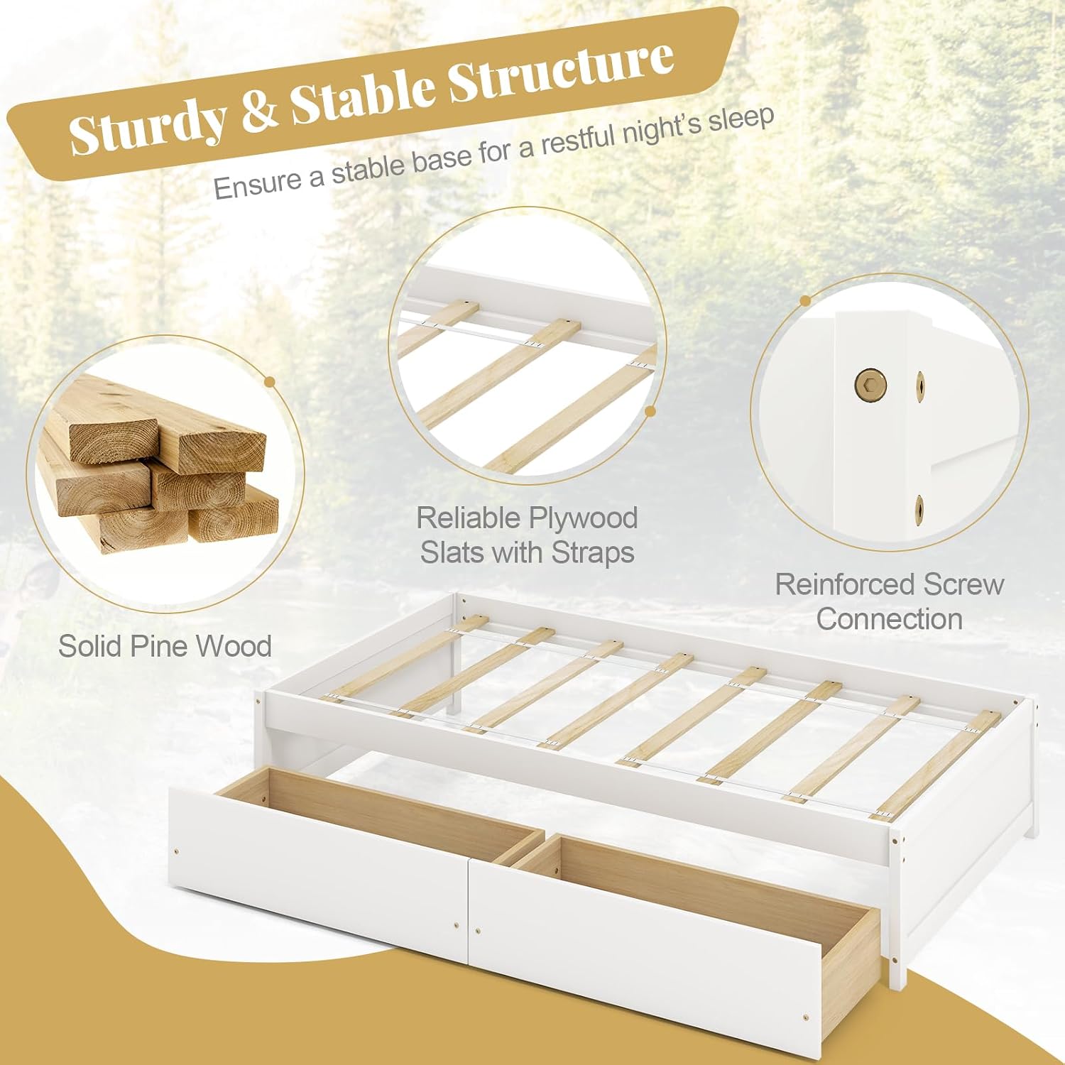 Giantex Twin Bed Frame with 2 Storage Drawers, Solid Wood Platform Bed with Slats Support, Heavy Duty Daybed with Storage, No Box Spring Needed, Twin Bed Frames for Kids Teens Adults Guests (White)