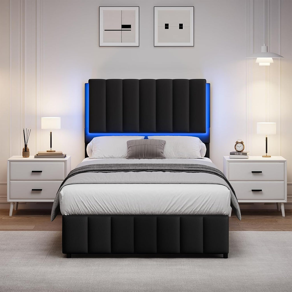 REVOMINCA Twin Upholstered Bed Frame with LED Lights, Faux Leather Platform Bed with Headboard and Wooden Slats Support, No Box Spring Needed, Noise-Free, Easy Assembly, Black