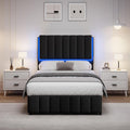 REVOMINCA Twin Upholstered Bed Frame with LED Lights, Faux Leather Platform Bed with Headboard and Wooden Slats Support, No Box Spring Needed, Noise-Free, Easy Assembly, Black