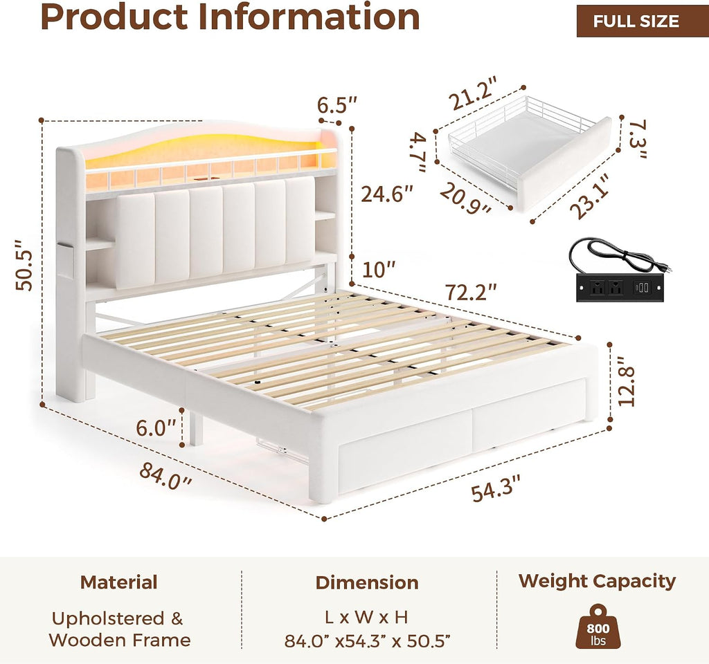 Full Size Bed Frame with LED Storage Headboard & 2 Storage Drawers, Velvet Upholstered Bed with Vertical Tufted Headboard Design, USB & Type-C Charging Ports, Wooden Slats Support, Noise-Free, Beige