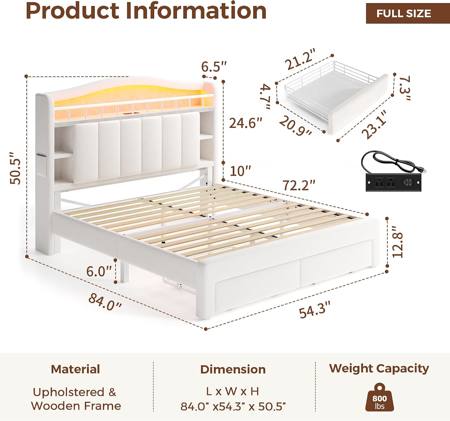 Full Size Bed Frame with LED Storage Headboard & 2 Storage Drawers, Velvet Upholstered Bed with Vertical Tufted Headboard Design, USB & Type-C Charging Ports, Wooden Slats Support, Noise-Free, Beige