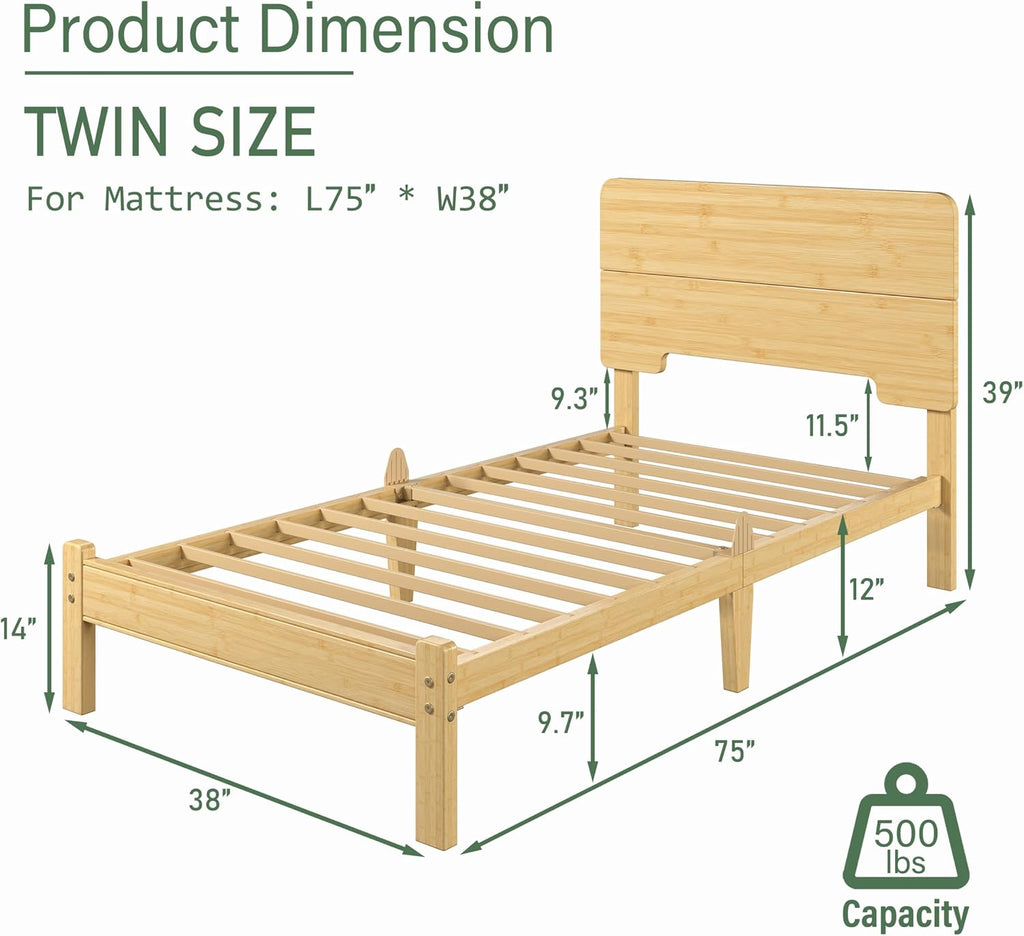 BOSRII 12in High Solid Bamboo Wood Platform Twin Size Bed Frame with Headboard, Reinforced Heavy Duty Metal Slats, Noise Free, No Box Spring Needed, Easy Assembly