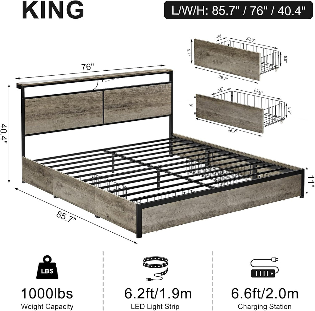 HAUSOURCE King Bed Frame with 4 Storage Drawers Metal Platform Bed Frame King Size with Headboard Charging Station LED Lights Non-Slip Without Noise No Box Spring Needed