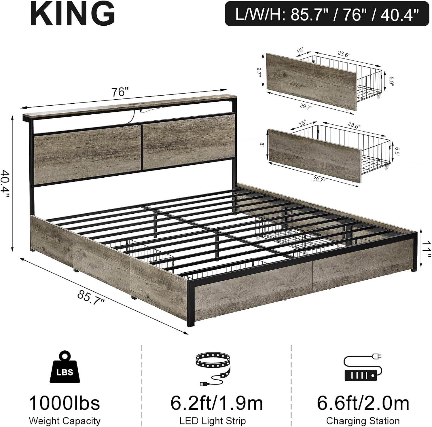 HAUSOURCE King Bed Frame with 4 Storage Drawers Metal Platform Bed Frame King Size with Headboard Charging Station LED Lights Non-Slip Without Noise No Box Spring Needed