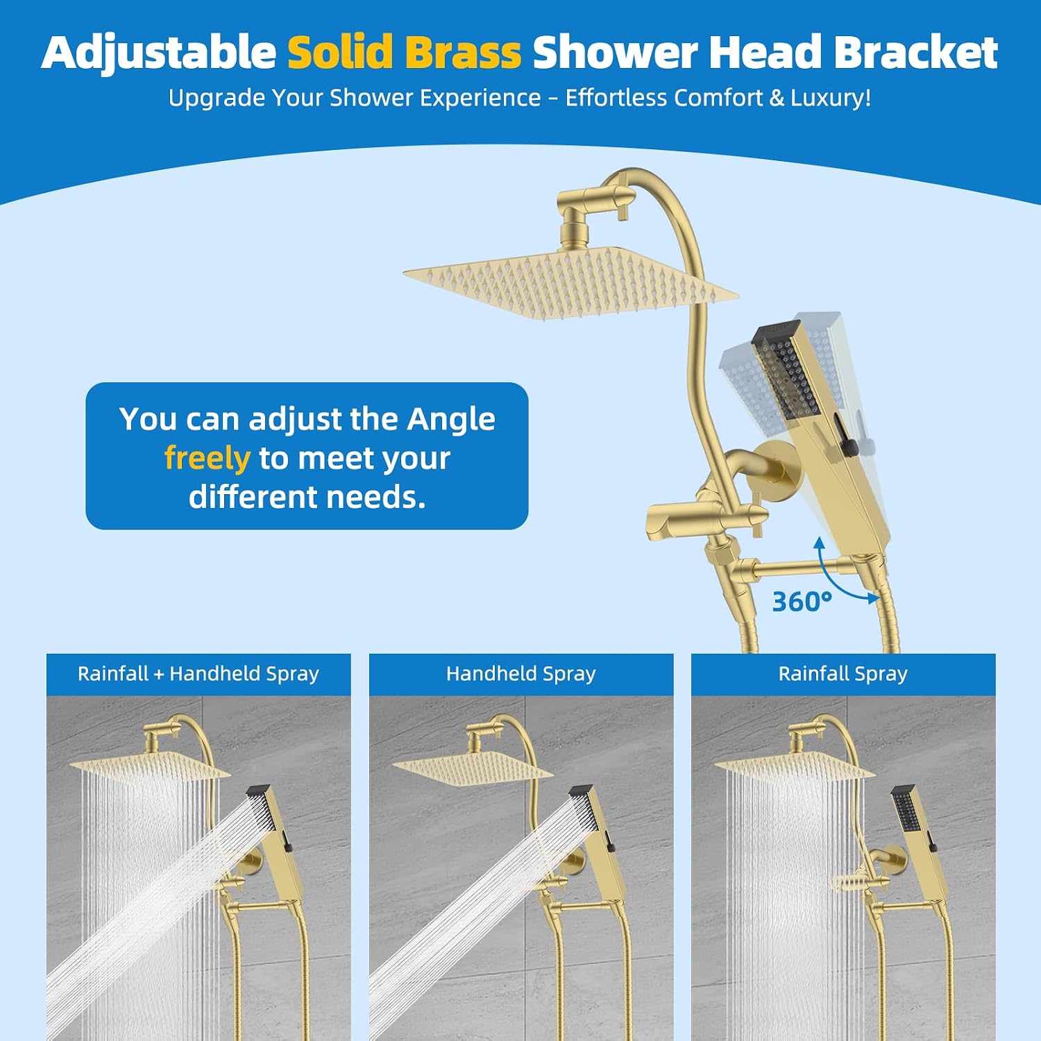 Hibbent All Metal cUPC Certified Shower Head, 10'' High Pressure Rainfall Shower Head Combo, Handheld Shower Wand, 12'' Adjustable Extension Arm, 4-Spray, 71'' Hose, Shower Holder, Brushed Gold