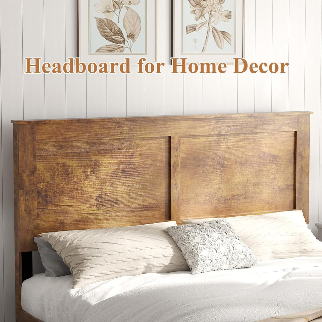 Wooden Bed Frame Queen Size with Headboard, Farmhouse Platform Bedframe with Metal Slat Support, Sturdy Framework Bed Frame, Easy Assembly (Rustic Brown)