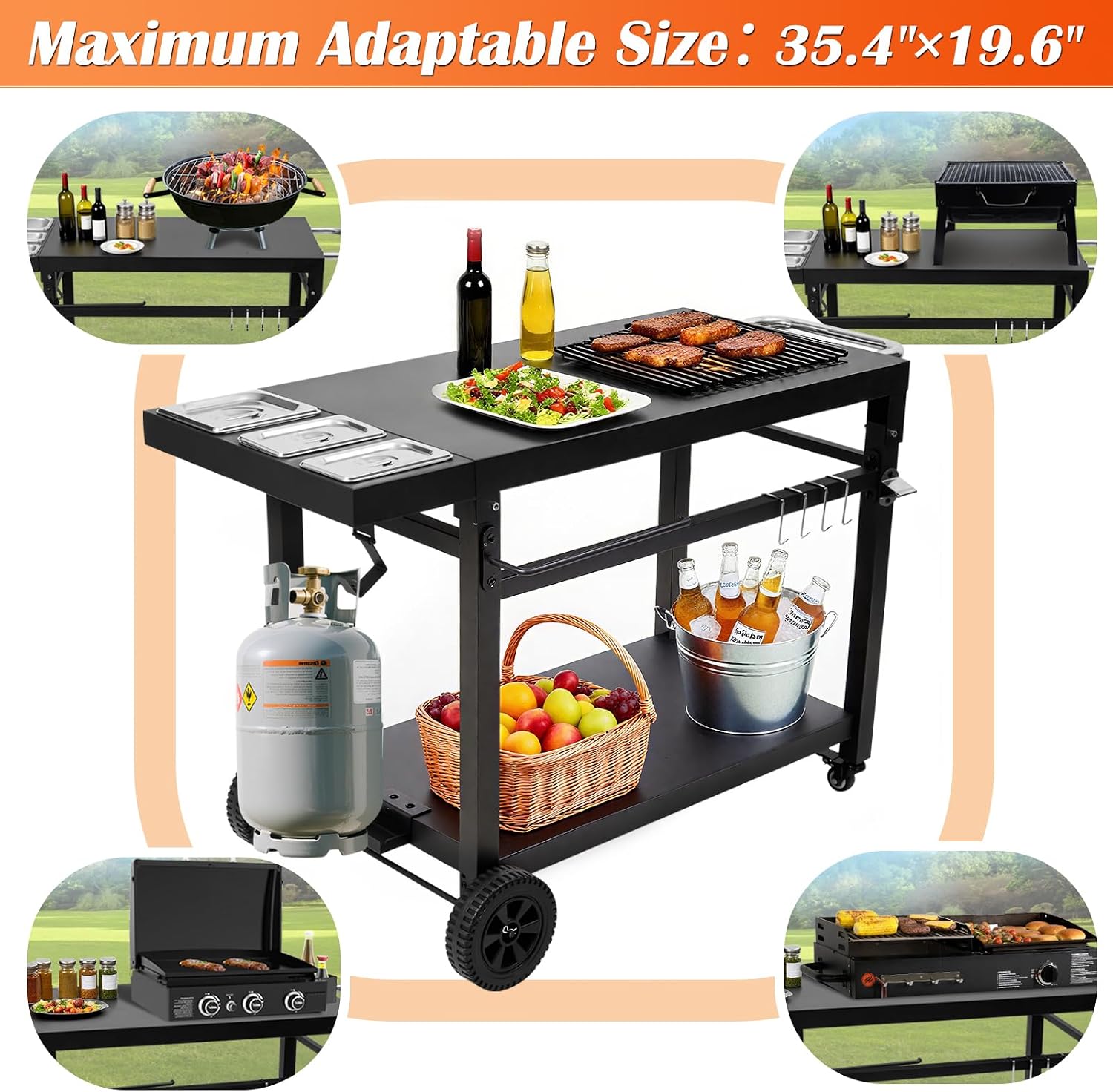 Black Cast Iron 2-Shelf Grill Cart with Wheels,Heavy Duty Pizza Oven Stand for Blackstone Ninja,Outdoor Cooking Station with Durable Tabletop