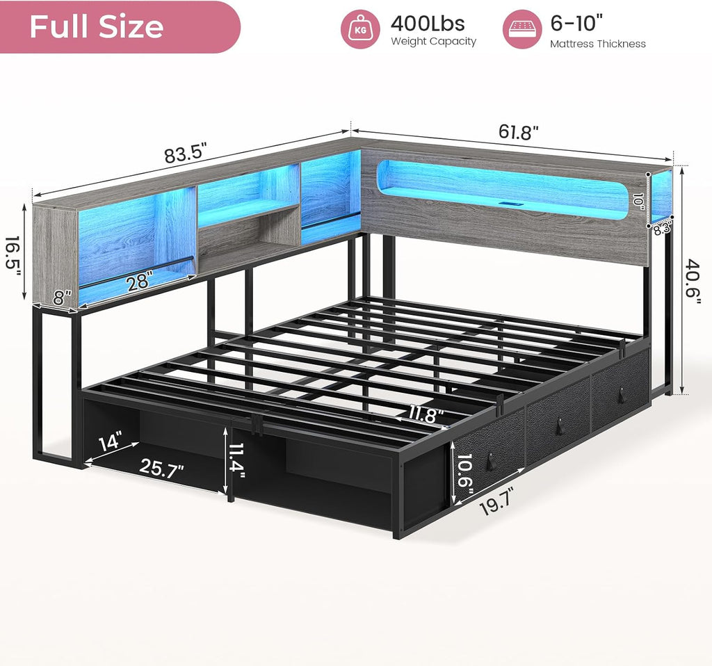 ADORNEVE Corner Bed Frame Full Size with Bookcase Storage & RGB Lights, Charging Station, Metal Daybed with 3 Drawers & 2 Open Cubbies, for Teens, Small Space, Black & Oak Grey