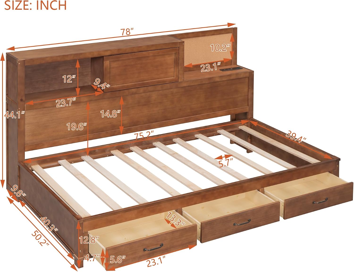 Merax Twin Size Wooden Daybed with 3 Storage Drawers,Headboard with Shelf,A Set of Sockets and USB Ports,Brown
