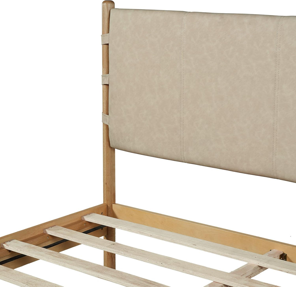 Premium Rubber Wood Platform Bed Frames, Queen Size Bed Frame with Headboard Included, Mid Century Modern Beds, Beige