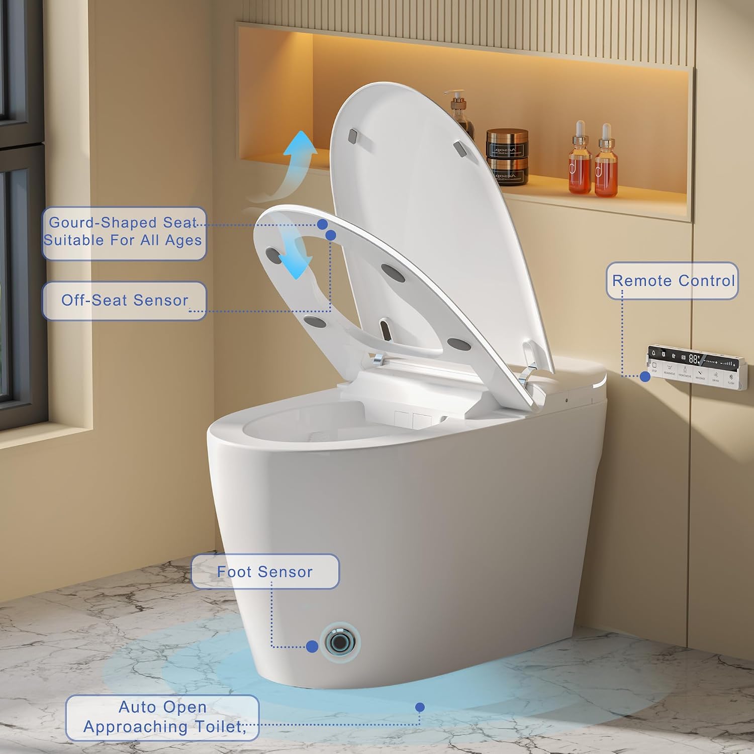 Smart Toilet with Built-in Foam Shield,One Piece Tankless Toilet with Powerful Flush and Auto-Open/Close Lid,Instant Warm Water Sprayer and Dryer Bidet,for Luxury Bathroom
