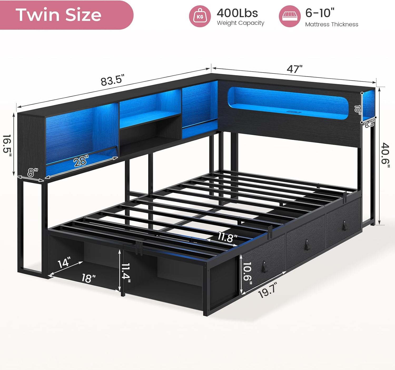 ADORNEVE Twin Corner Bed Frame with Storage Bookcase & LED Light Headboard, Charging Station, Metal Daybed with 3 Drawers & 2 Open Cubbies, for Small Bedrooms, Black