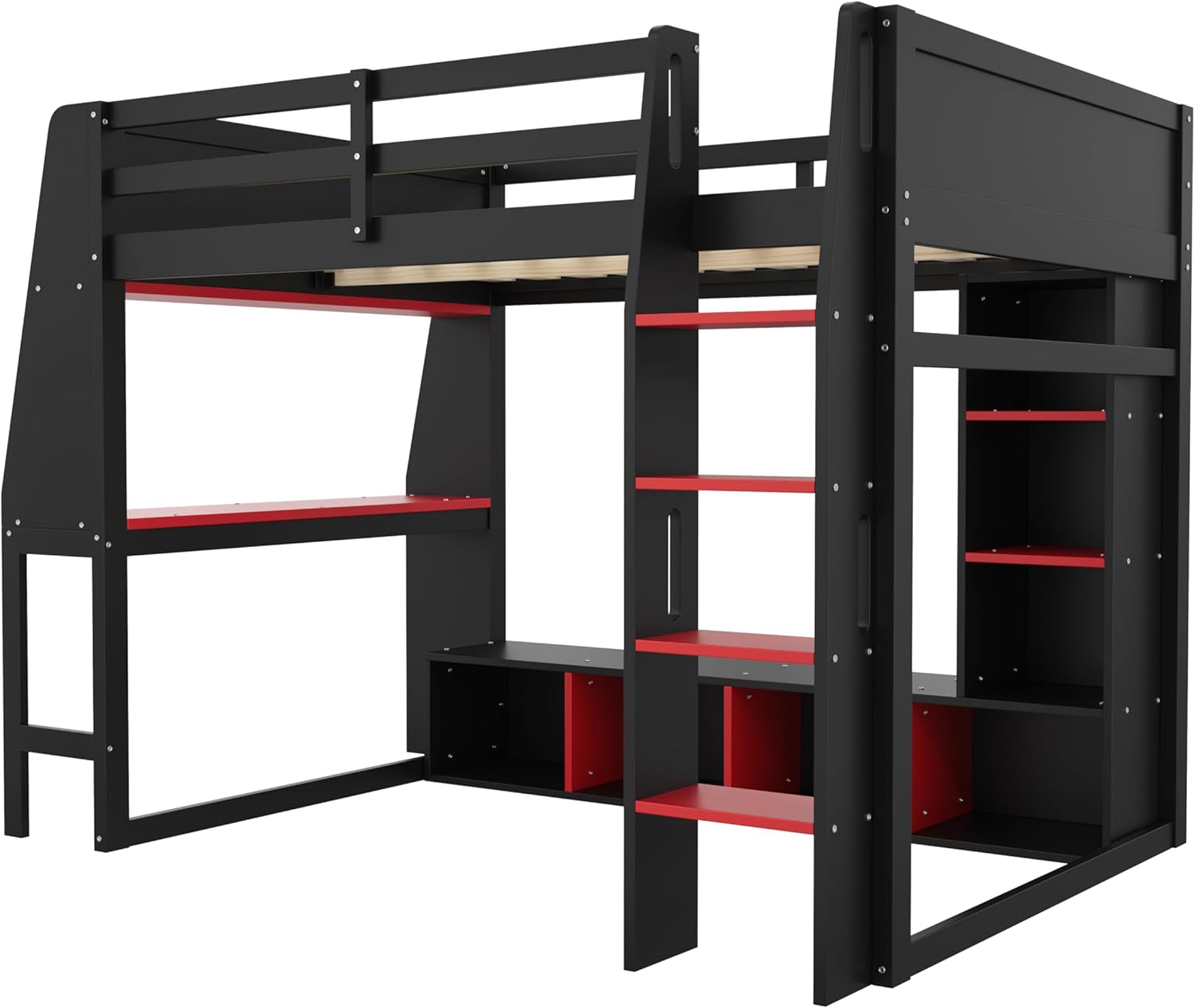 Solid Wood Gaming Loft Bed Full Size with Desk & Shelves & Hanging Rack & LED,Esports Design for PC & Console Gamers,Space Saving Loft Bed Frame with Guardrails & Ladder,No Box Spring Needed,Black