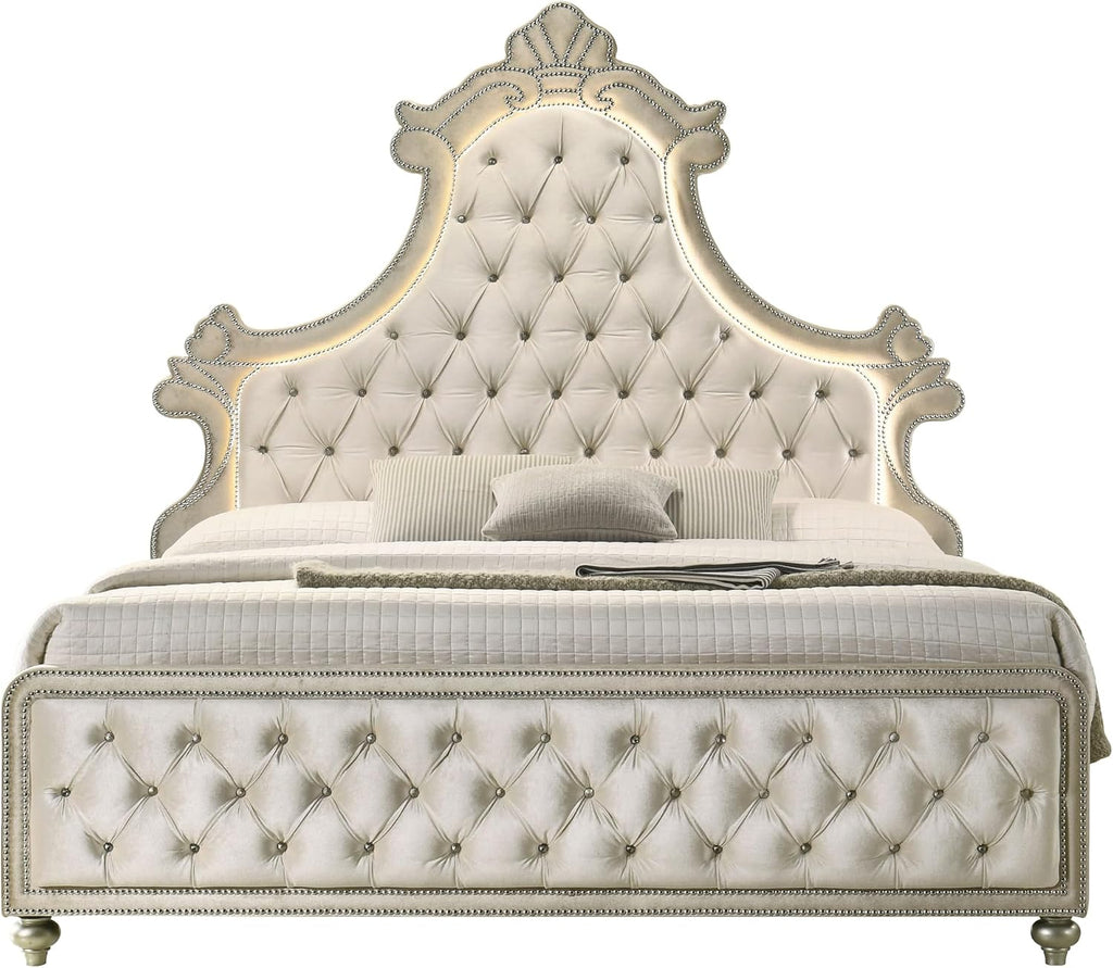 Acme Lucienne Velvet Upholstered Queen Bed with LED in Beige