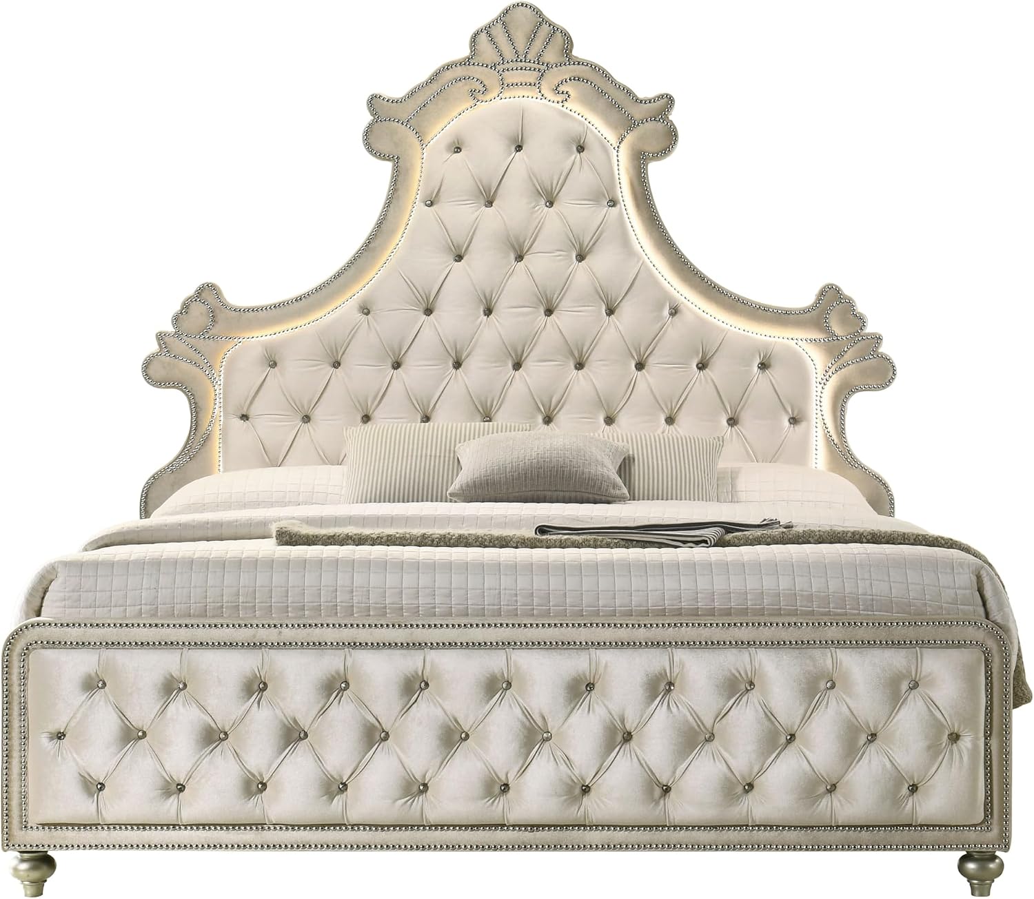 Acme Lucienne Velvet Upholstered Queen Bed with LED in Beige