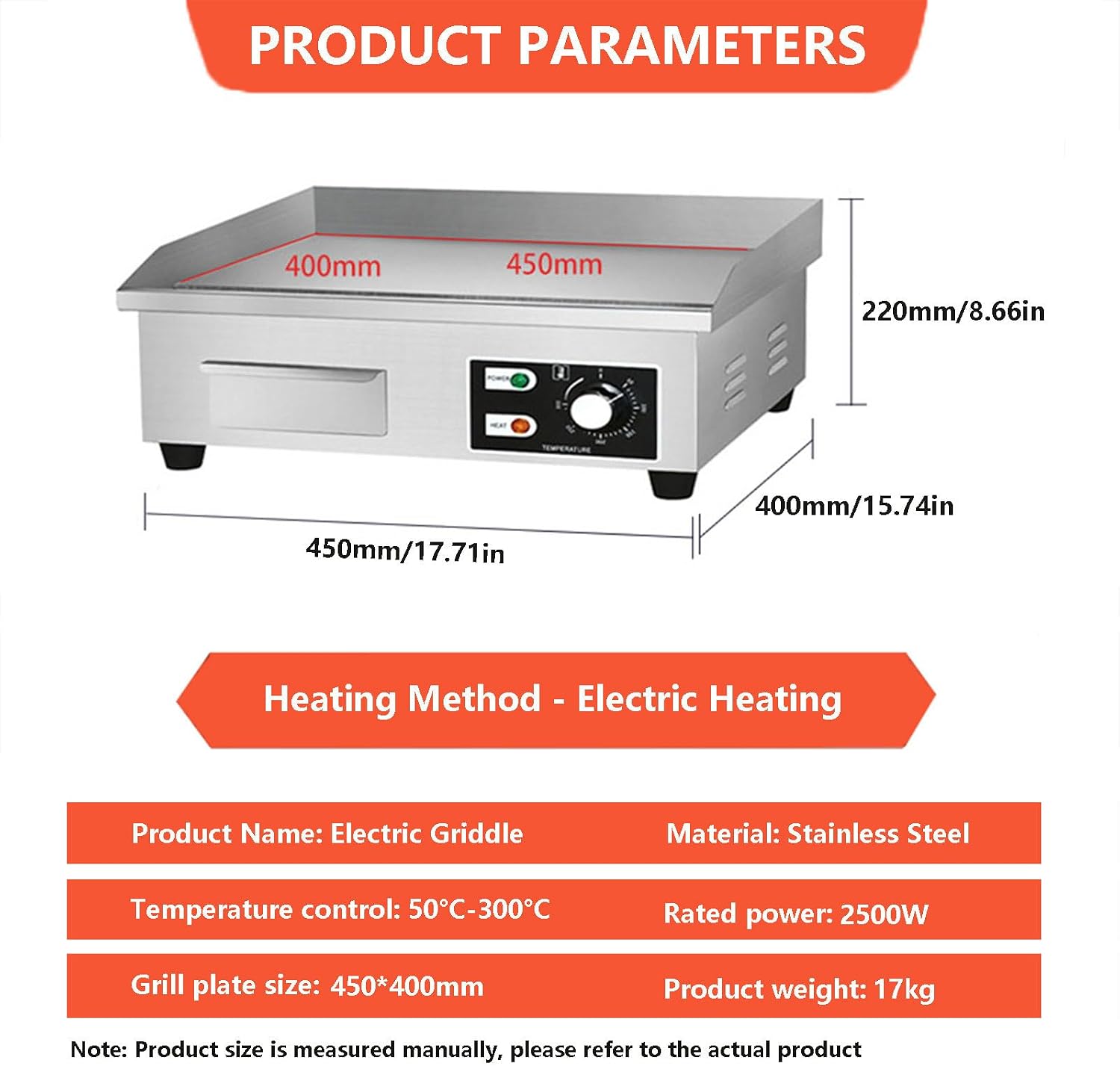 Commercial Electric Griddle, Electric Teppanyaki Grill + 4 Frying Spatula, Stainless Steel Burger Bacon Grill Plate, Electric Griddle and Warmer, w/Temperature ，2500W