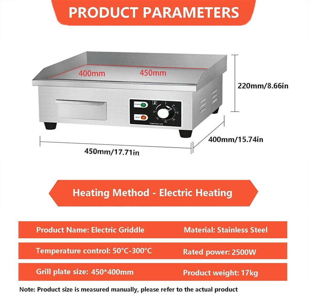 Commercial Electric Griddle 1500W/2500W/3000W, Stainless Steel Electric Teppanyaki Grill with Raised Baffle and Radiating Hole, Burger Bacon Grill Plate for Cam，2500W