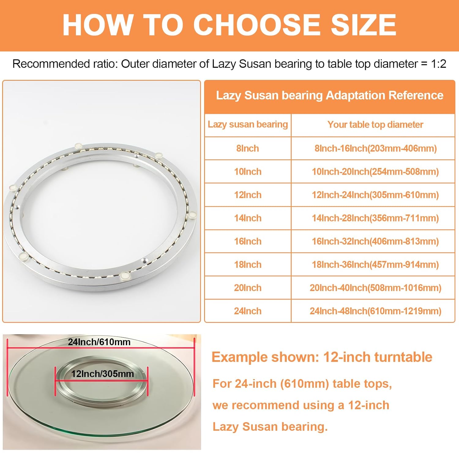 TamBee 24 Inch Lazy Susan Hardware Heavy-Duty Mute Lazy Susan Bearing 600lb Capacity Bearing Turntable Ring Mechanism Kit for Smooth Rotation, Universal Hardware for DIY Projects, Table (Base Only)
