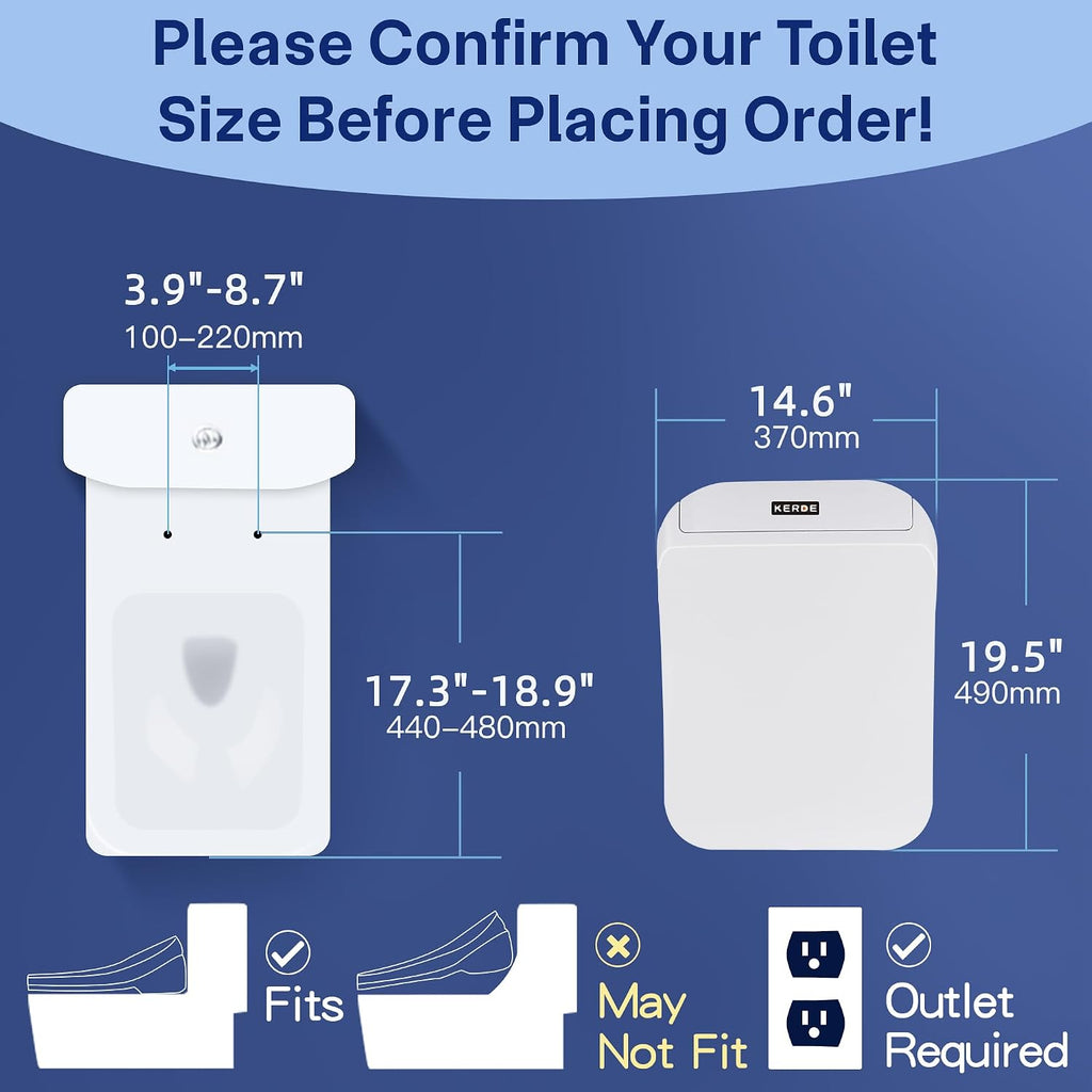 KERDE 08A Electric Bidet Toilet Seat,Remote Control,Warm Water Cleansing, Heated Seat,Adjustable Temperature Settings, Moving Nozzle Massage,White,Night Light,Bidets for Existing Toilets.Square