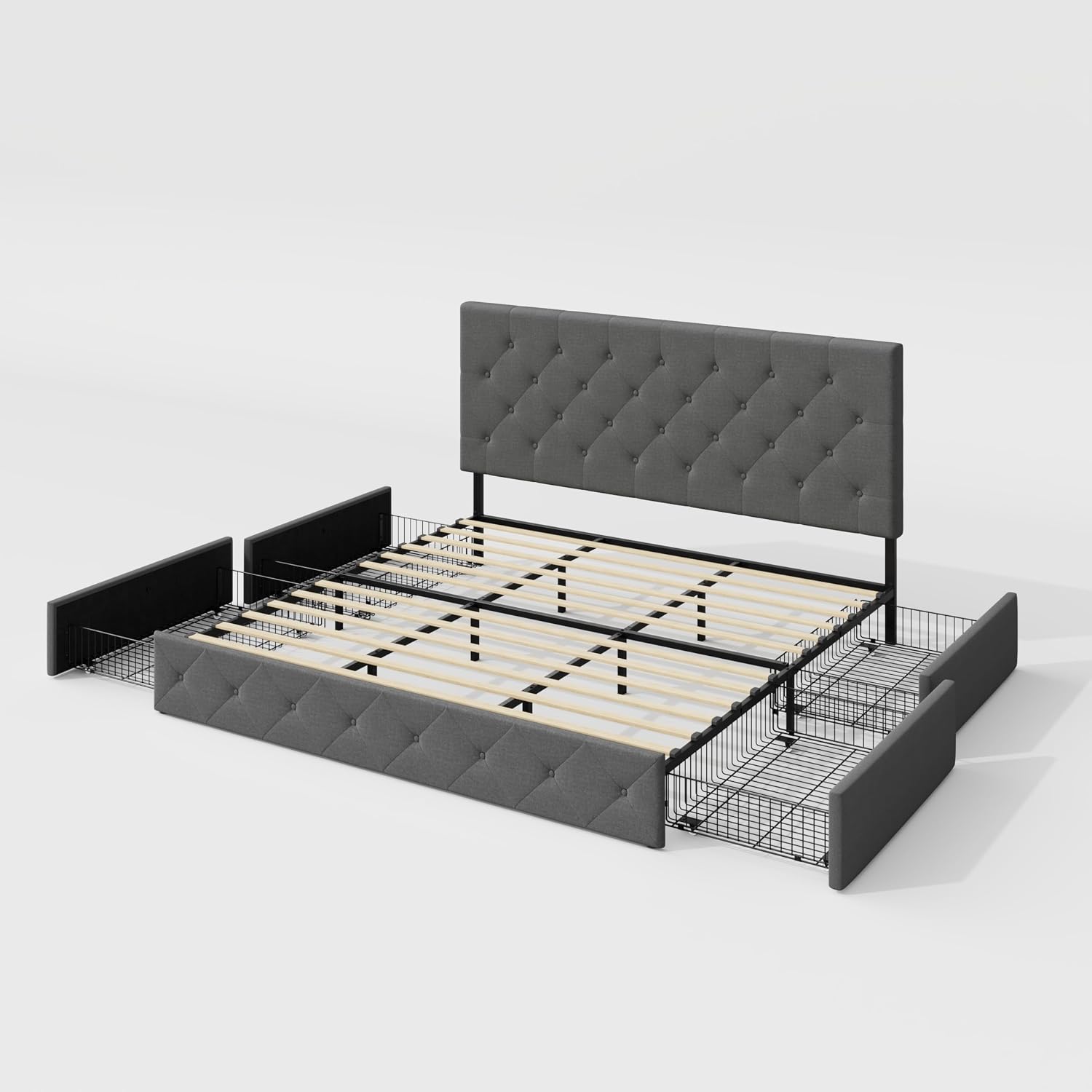 Allewie Upholstered King Size Platform Bed Frame with 4 Storage Drawers and Headboard, Diamond Stitched Button Tufted, Mattress Foundation with Wooden Slats Support, No Box Spring Needed, Light Grey