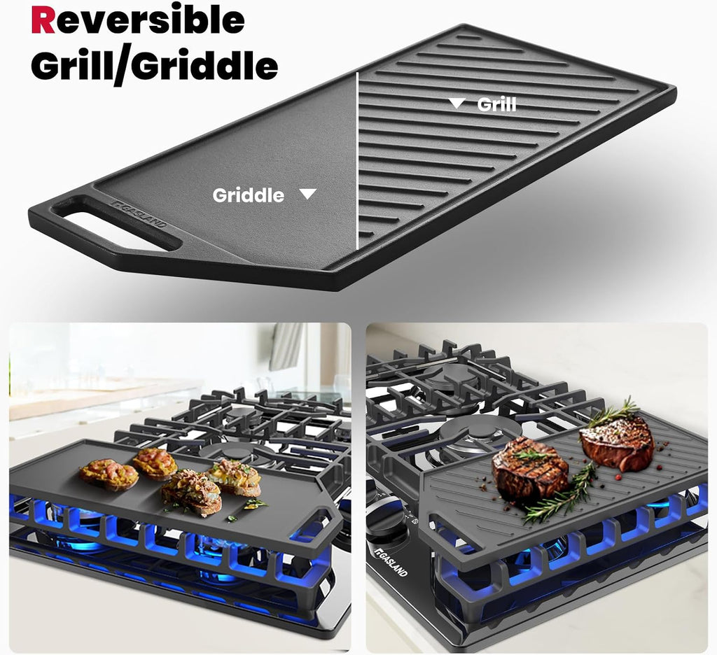 GASLAND Gas Cooktop 30 Inch with Griddle, Gas Stovetop with 5 Burners, Comes with Reversible Cast Iron Grill/Griddle, 120V Plug-in, NG/LPG Convertible, CSA Certified Black