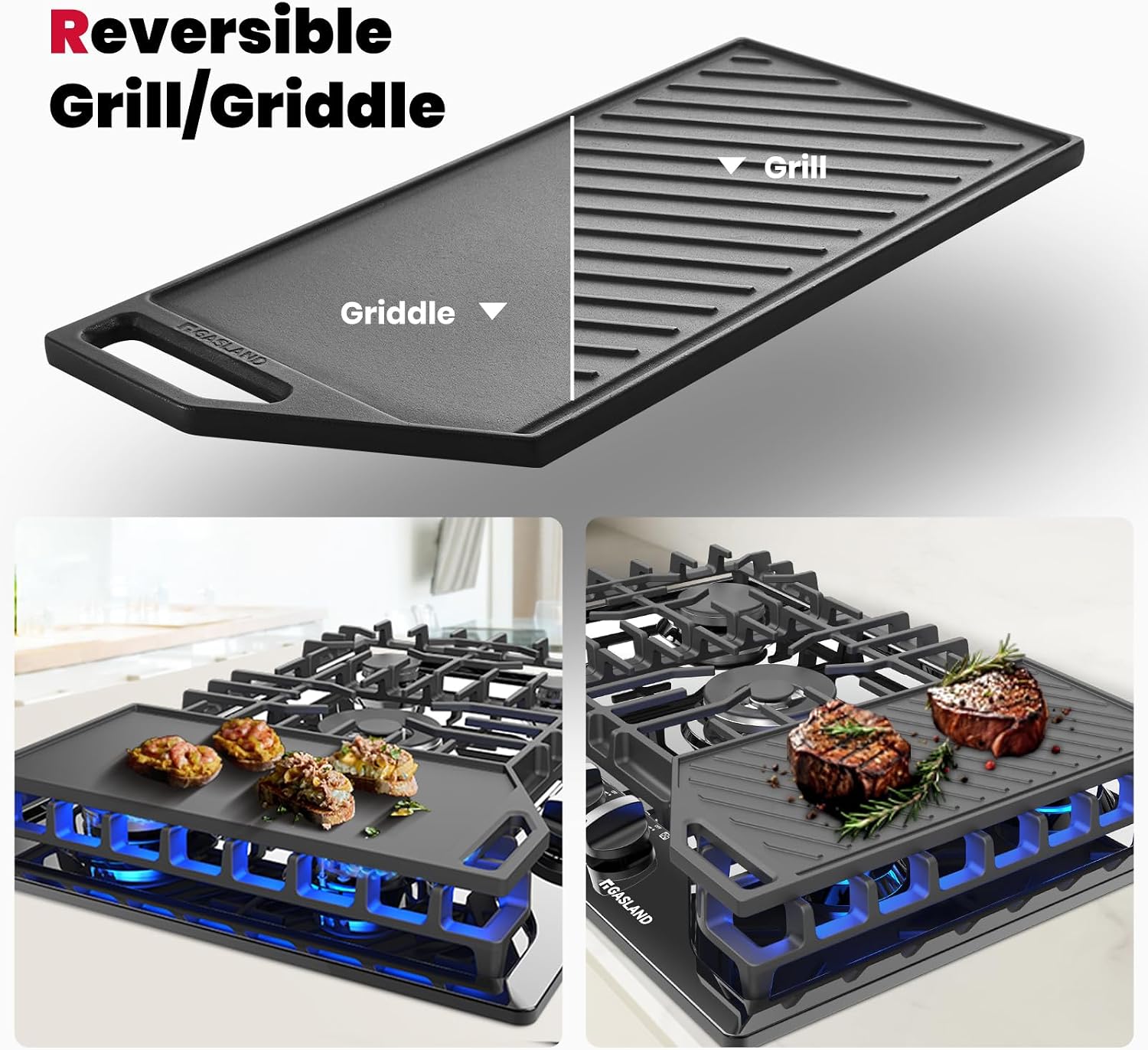 GASLAND Gas Cooktop 30 Inch with Griddle, Gas Stovetop with 5 Burners, Comes with Reversible Cast Iron Grill/Griddle, 120V Plug-in, NG/LPG Convertible, CSA Certified Black
