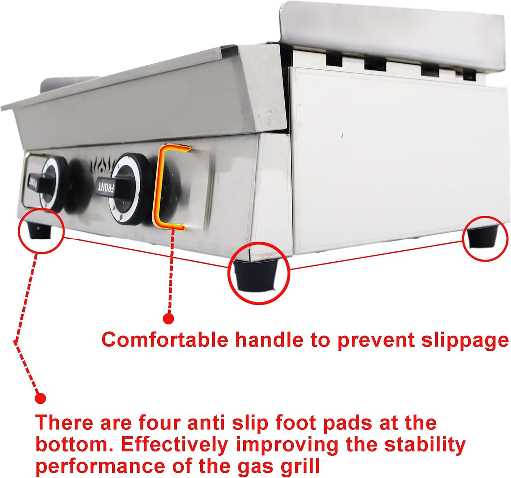 LPG Gas Grill Griddle 2 Burners Camp Countertop Stainless Steel Flat Cooking Grill 2800Pa Hot Plate Stove Outdoor Kitchen Pancakes Maker Machine with Adjustable Temperature Control