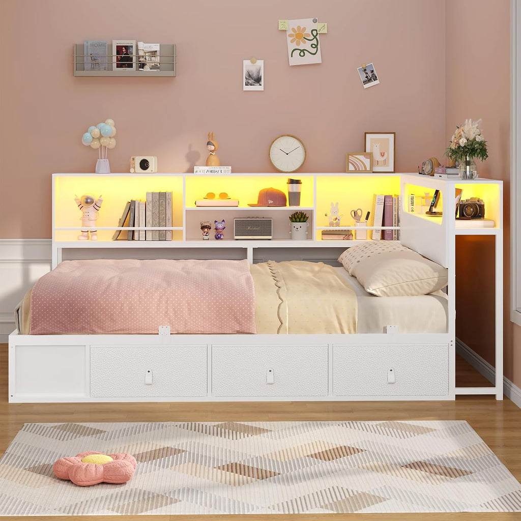 ADORNEVE Corner Bed Frame Full Size with Bookcase Storage & RGB Lights, Charging Station, Metal Daybed with 3 Drawers & 2 Open Cubbies, for Teens, Small Space, White