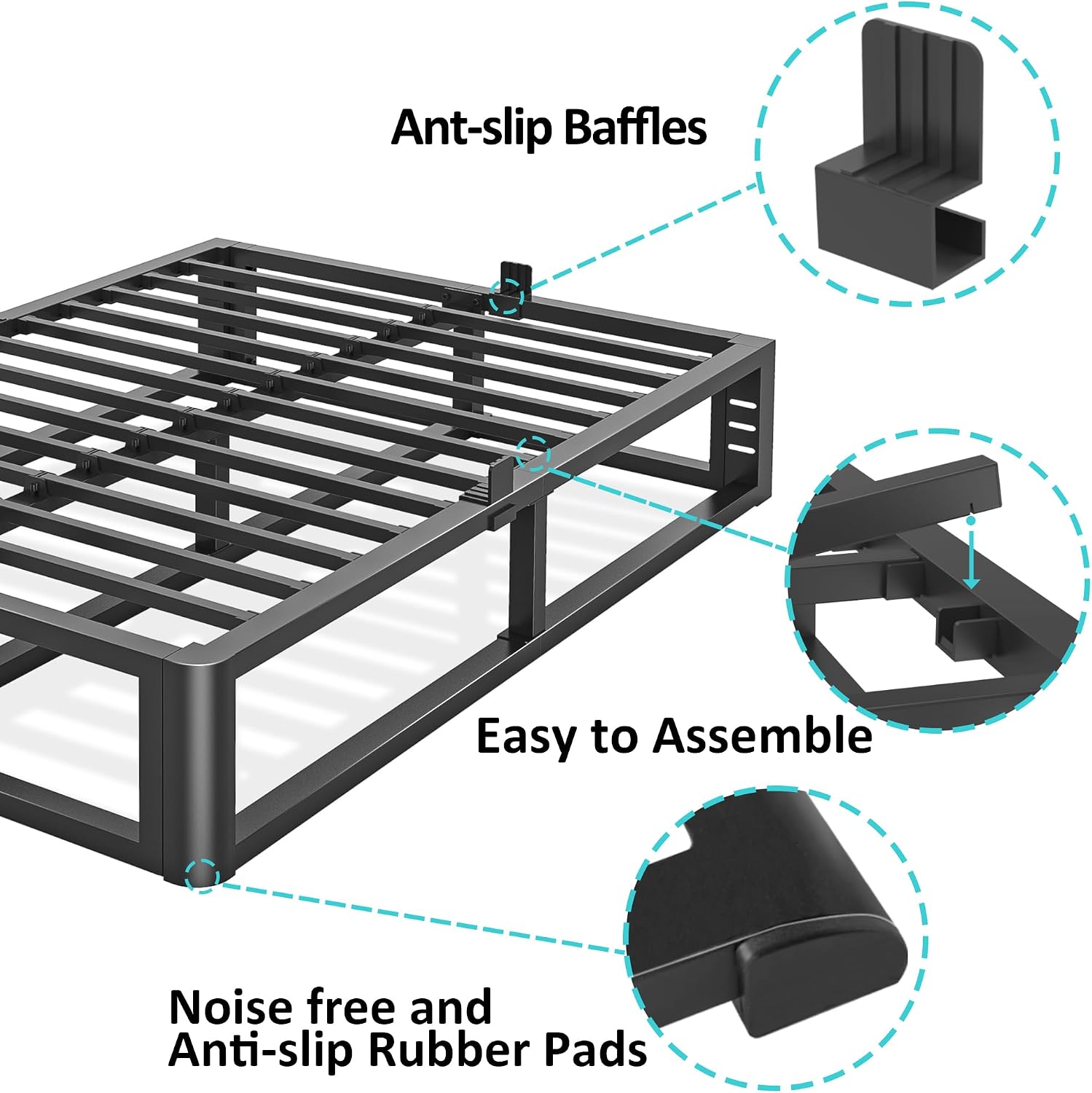 Firpeesy Metal Heavy Duty 18 inch Queen Bed Frame with Rounded Corner and Headboard Hole Mattress Retainers 3500 LBS No Box Spring Needed Platform Noise Free Easy Assembly