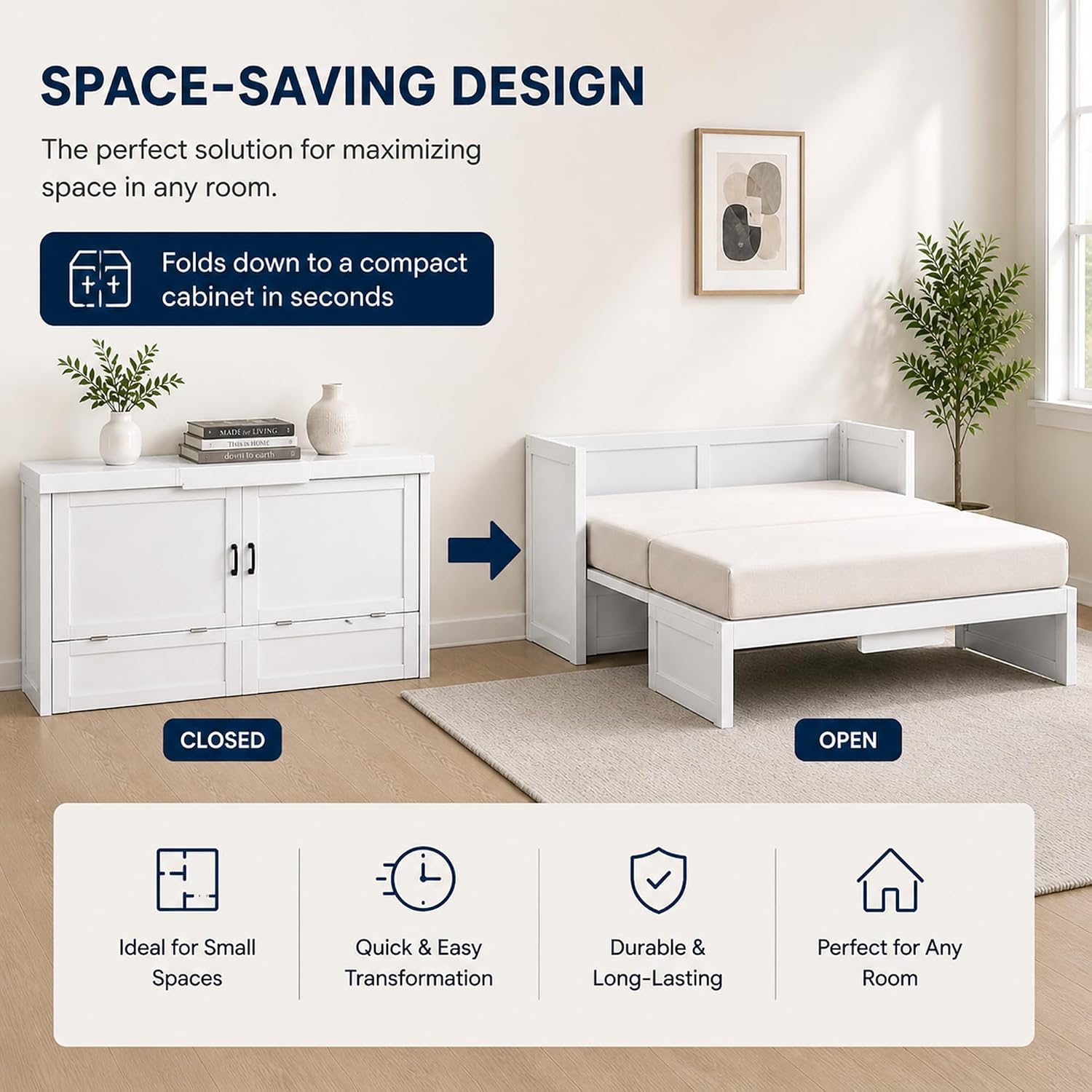 NIGHT & DAY Furniture Murphy Cube Cabinet Bed (White, Queen)