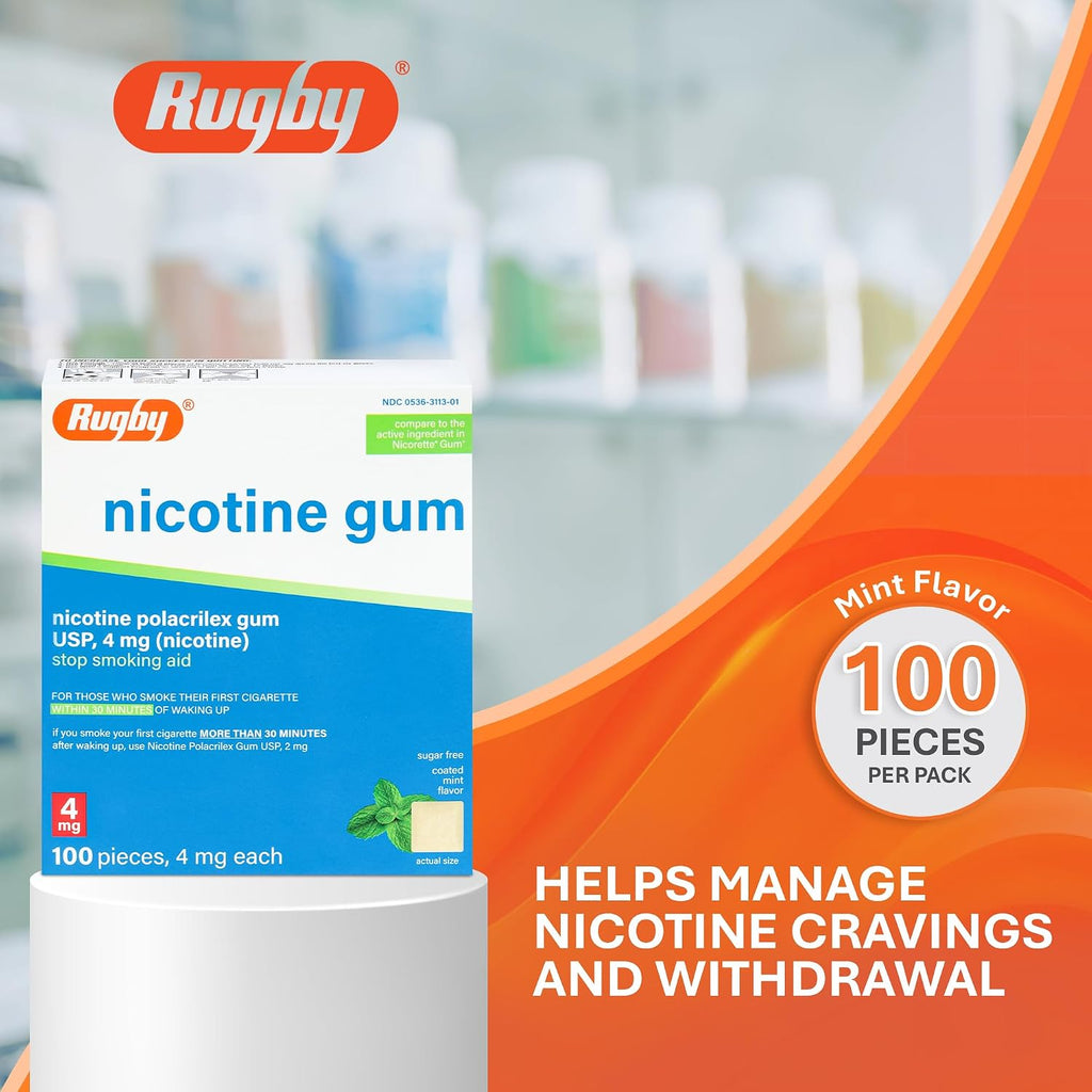 Rugby Polacrilex 4mg Nicotine Gum - Mint Flavor, Quit Smoking and Vaping Aid, Sugar-Free, 100 Count (3-Pack)