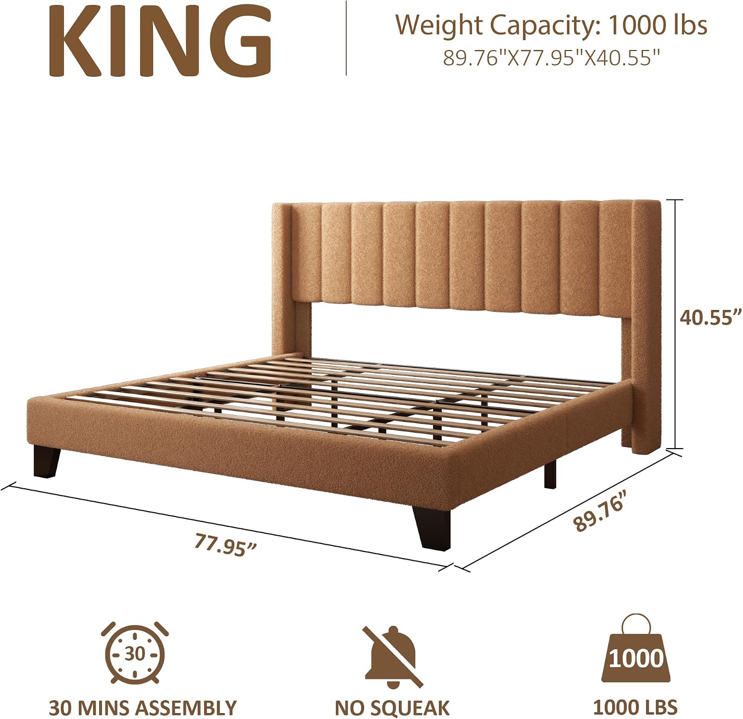 Kingg Size Bed Frame with Headboard Upholstered Platform Bed Frame with Teddy Velvet Headboard, Wooden Slats Support/Wing Edge Design/No Box Spring Needed/Easy Assembly, Brown