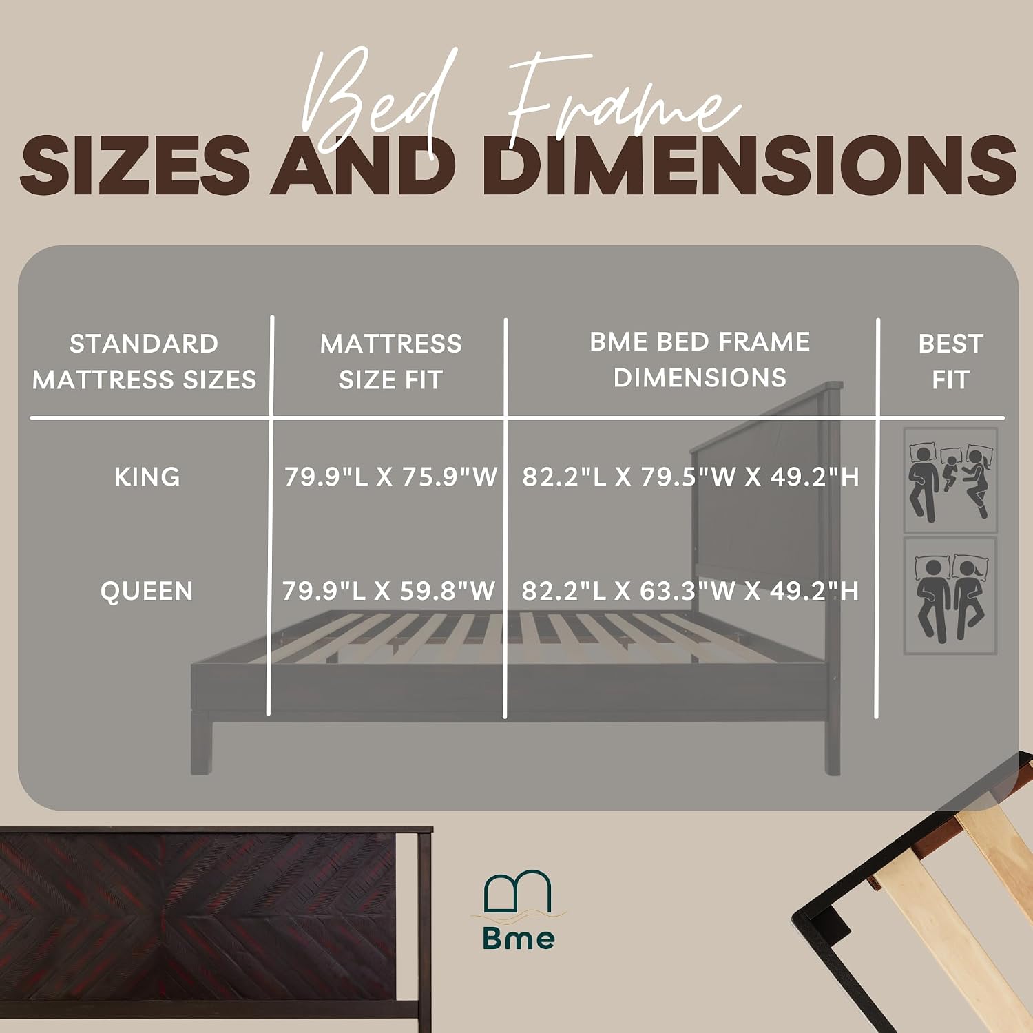 Bme Vivian 14 Inch Deluxe Bed Frame with Headboard, Rustic & Scandinavian Style with Solid Acacia Wood, No Box Spring Needed, 12 Strong Wood Slat Support, Easy Assembly, King, Rustic Black