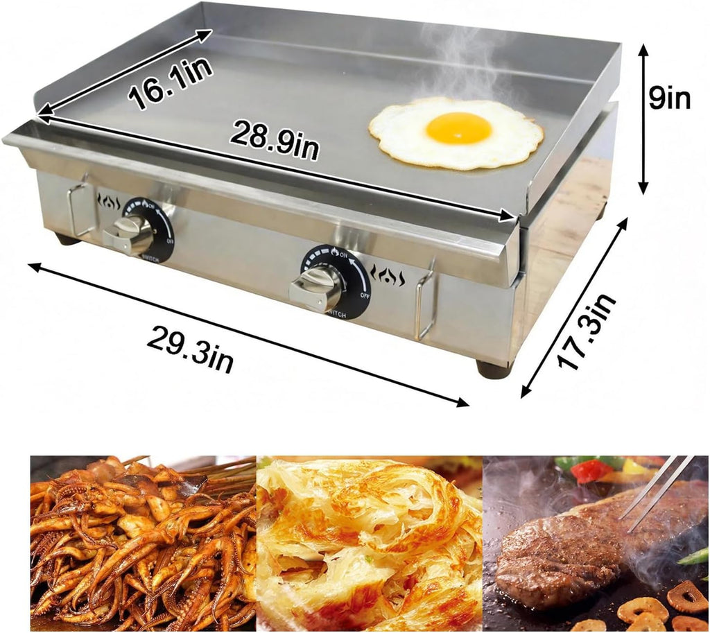 Commercial Countertop Griddle 2800Pa LPG Gas Grill Griddle Outdoor Flat Top Grill Griddle with Low Pressure Valve, Adjustable Temperature 122°F-572°F & 29.1x15.75in Hotplate for Home Kitchen
