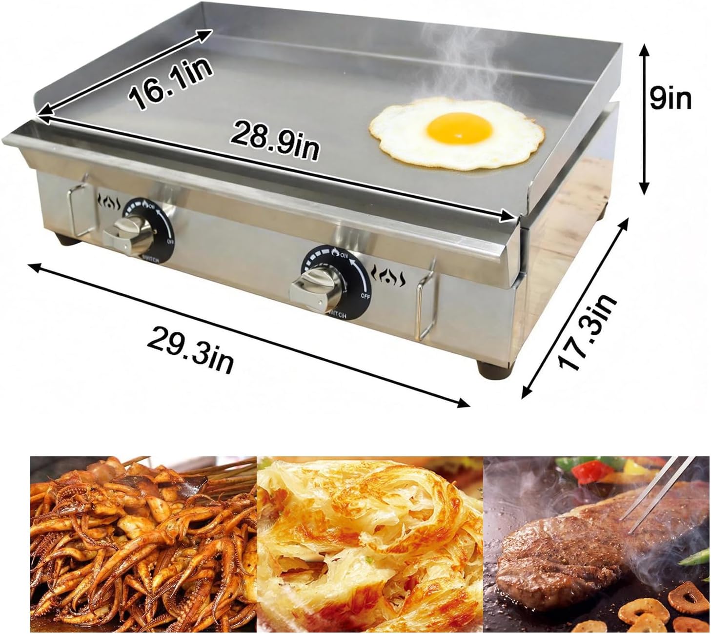 Commercial Countertop Griddle 2800Pa LPG Gas Grill Griddle Outdoor Flat Top Grill Griddle with Low Pressure Valve, Adjustable Temperature 122°F-572°F & 29.1x15.75in Hotplate for Home Kitchen