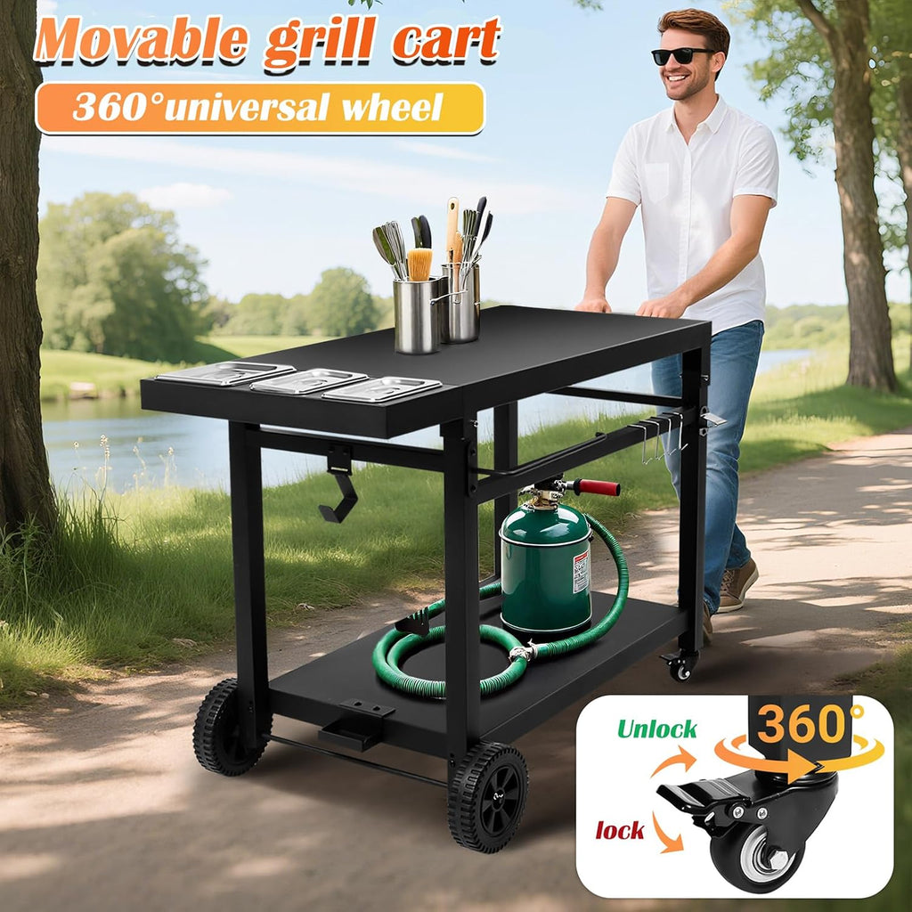 Black Cast Iron 2-Shelf Grill Cart with Wheels,Heavy Duty Pizza Oven Stand for Blackstone Ninja,Outdoor Cooking Station with Durable Tabletop