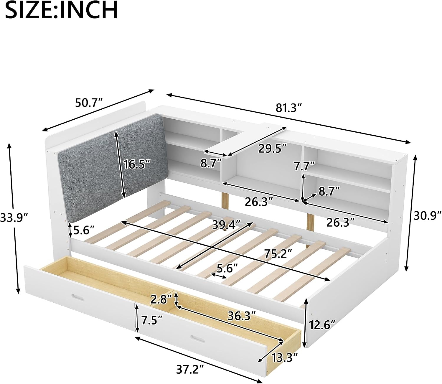Harper & Bright Designs Twin Size Daybed with 2 Storage Drawers and Bookcase,Wood L Shaped Twin Platform Bed Frame with Shelves, Twin Sofa Bed Frame with Slats Support, No Box Spring Needed, White