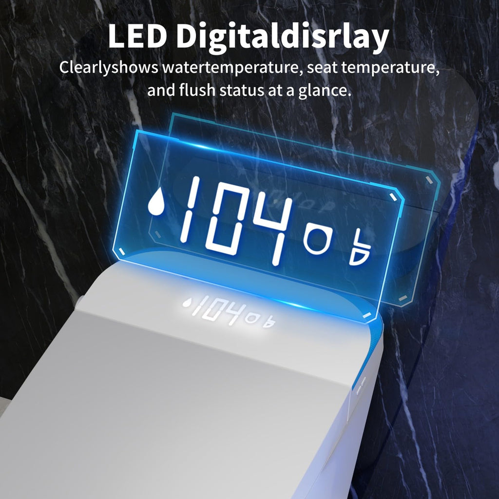 Smart Toilet with Powerful Flush, Auto Open/Close Lid, Foot Sensor,One Piece Toilet with Elongated Heated Seat,Foam Shield,Soft Close, Tankless Toilet with Fahrenheit Temp Display, Night Light.