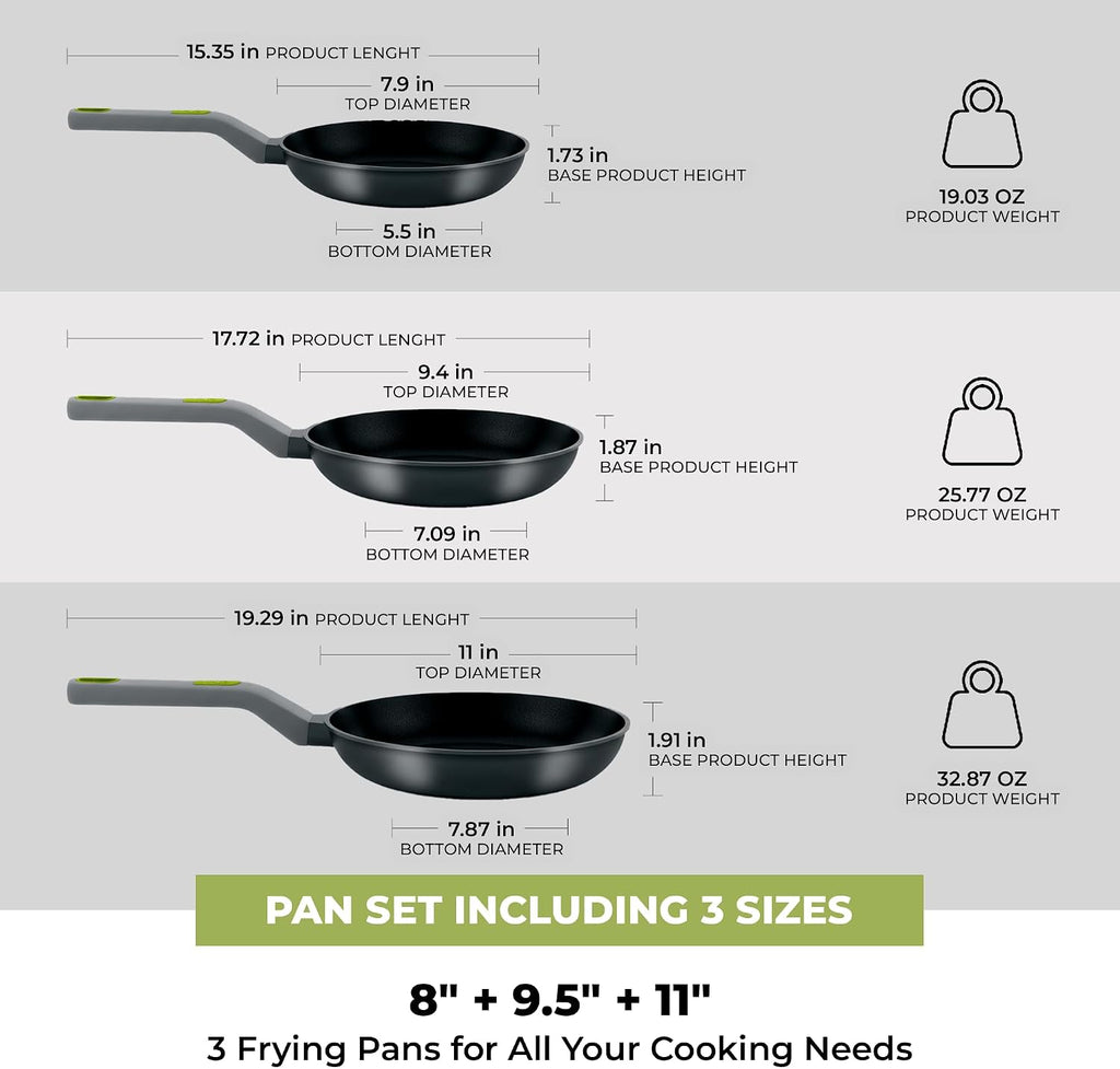 BRA COOKWARE Life 3 Ceramic Nonstick Frying Pan Set | 8+9.5+11 Inch Recycled Cast Aluminum Skillets | Ceramic Non-Stick Fry Pans | PFOA Free Searing Skillets | All Cooktops | Soft-Touch Handle