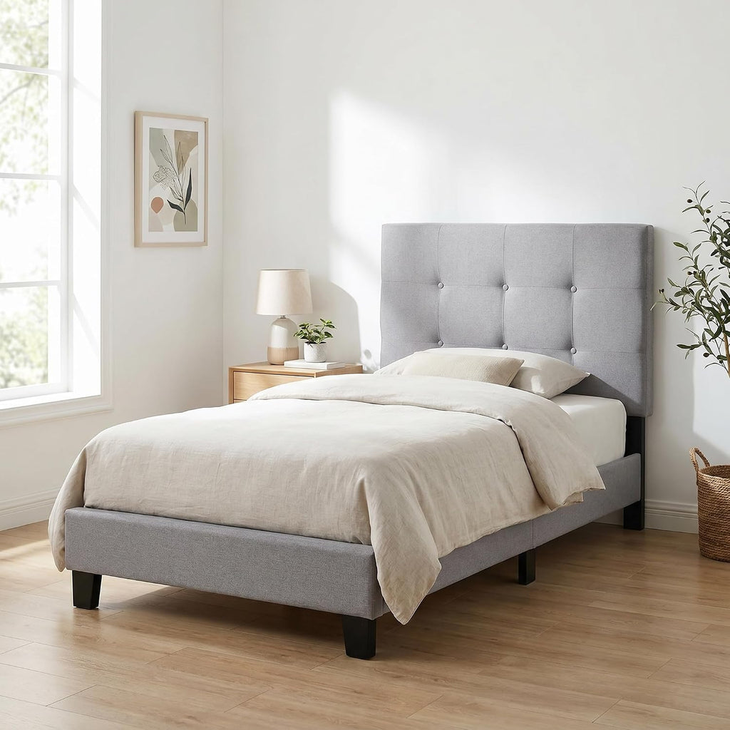 Furinno Laval Button Tufted Upholstered Platform Bed Frame, Twin, Glacier