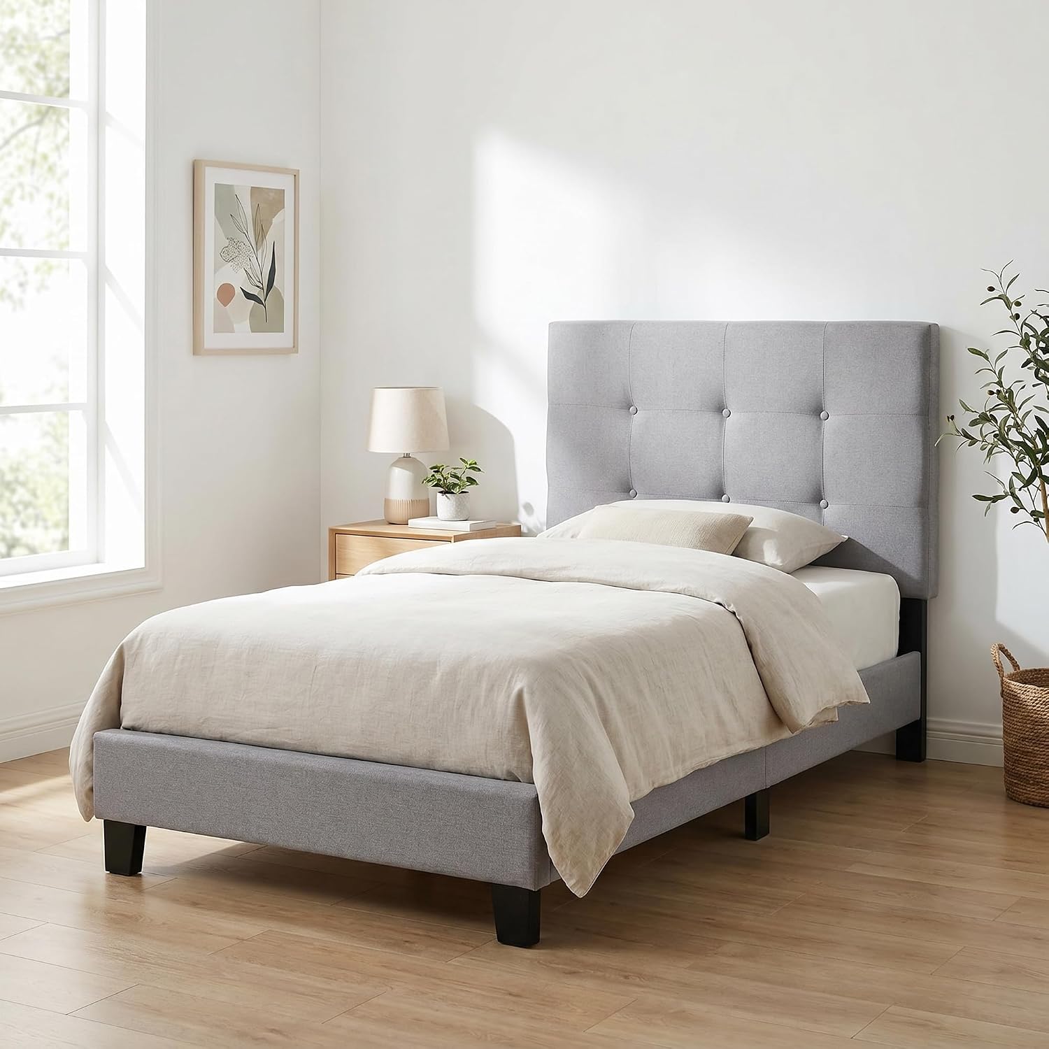 Furinno Laval Button Tufted Upholstered Platform Bed Frame, Twin, Glacier