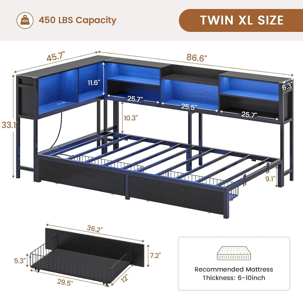 Hasuit Corner Bed Frame Twin XL with 2 Drawers and Storage Bookcase, Daybed with Charging Station and LED Lights, Metal Platform Bed with Bookshleves,Twin XL Bed Frame for Kids Teens Guests, Black